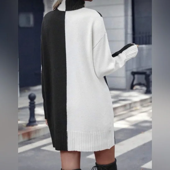 Chic Black and White Color Block Women's Sweater Dress - Picture 2 of 2